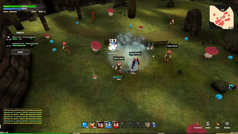 A Torebia party fighting slimes, birds, and a harpy in a forest