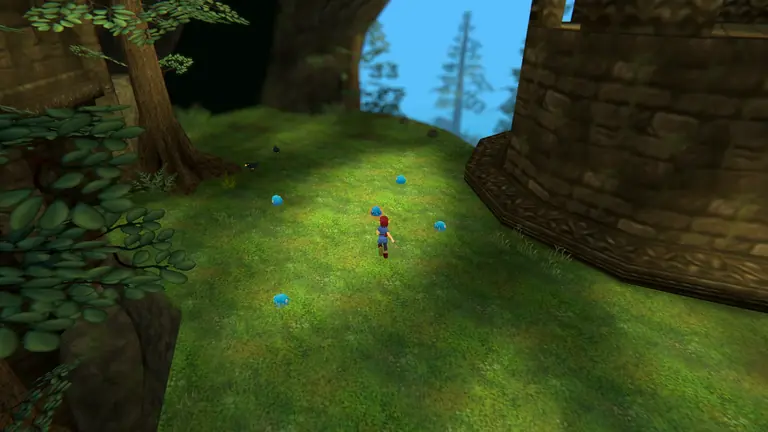 A Torebia adventurer approaching slimes between forest ruins